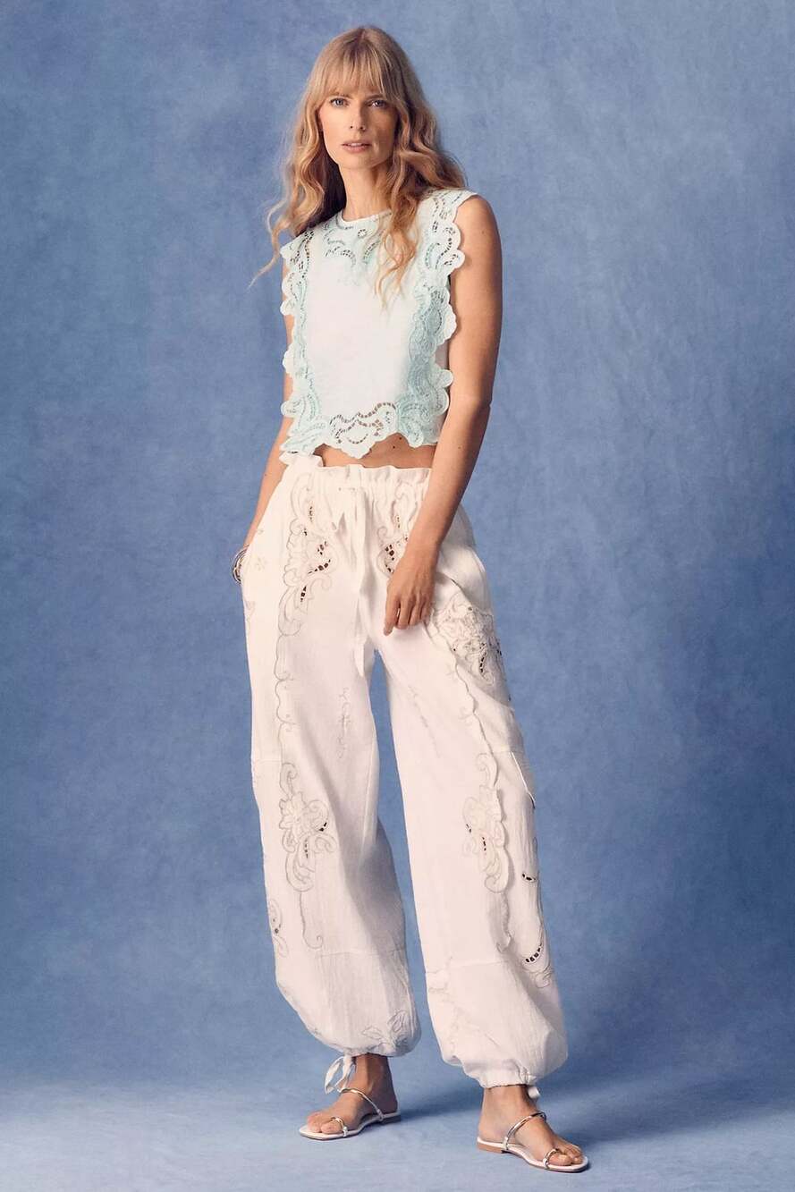 Anthropologie Embroidered Linen Cargo Barrel Leg Pants Ivory M